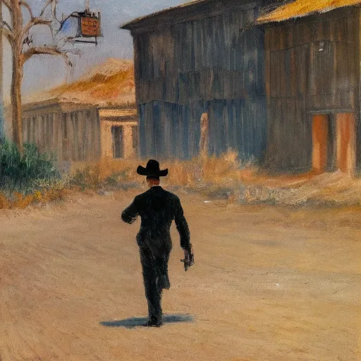 Image similar to the man in black and a revolver in hand walking around an abandoned western town, impressionist painting