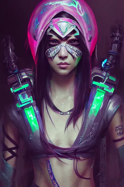 Prompt: akali from league of legends, cyberpunk futuristic neon. wearing ninja face mask decorated with traditional japanese ornaments by ismail inceoglu dragan bibin hans thoma greg rutkowski alexandros pyromallis nekro rene maritte illustrated, perfect face, fine details, realistic shaded, fine - face, pretty face, masterpiece