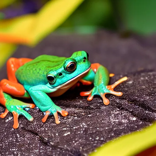 Prompt: photo orange and teal frog