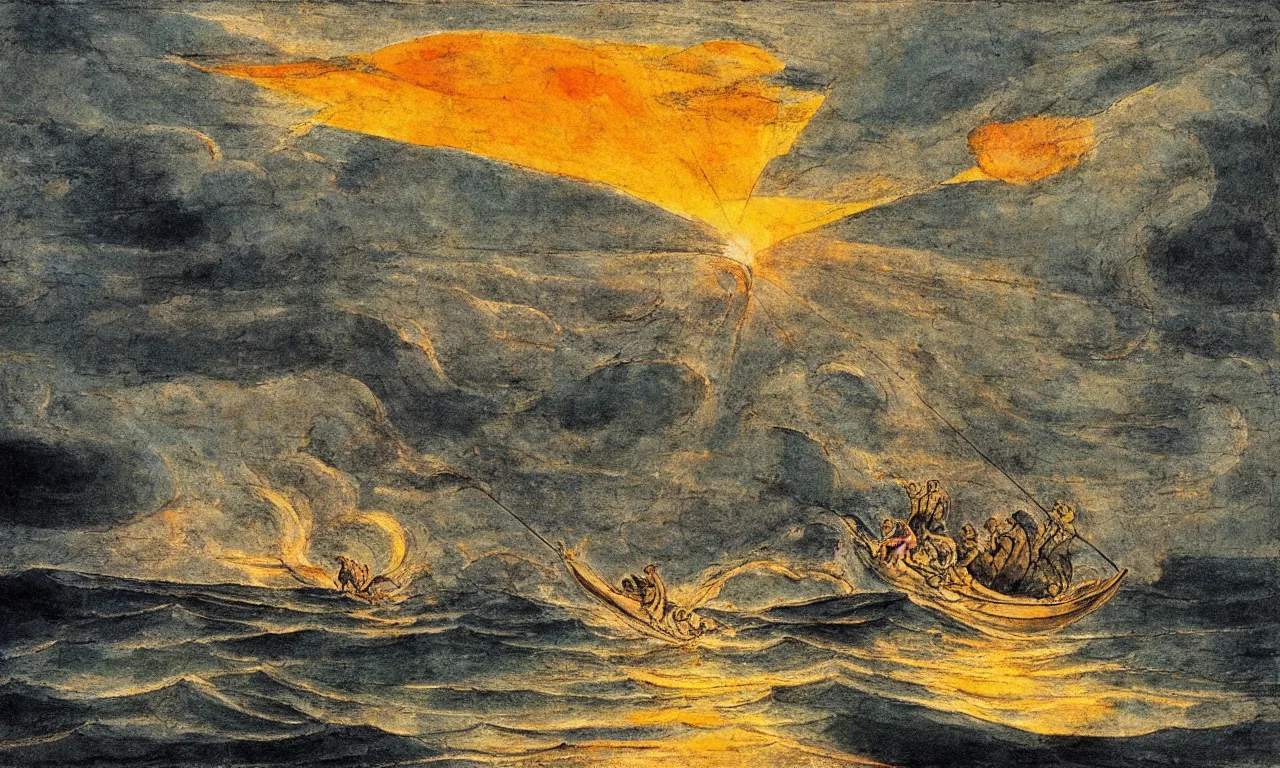 Prompt: levitating fishing boat embarking on a sea of blood william blake sunset elemental forces