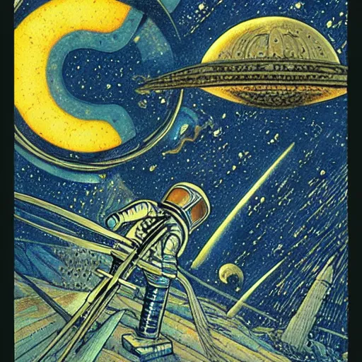 Image similar to space travel. graphical work by anatoly fomenko and bilibin and giger