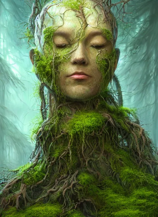 Image similar to Portrait of an Ancient Robot with a tree growing out of its head, patches of moss, translucent leaves, extremly detailed digital painting, in the style of Tomasz Alen Kopera and Fenghua Zhong and Peter Mohrbacher, mystical colors, rim light, beautiful lighting, 8k, stunning scene, raytracing, octane, trending on artstation