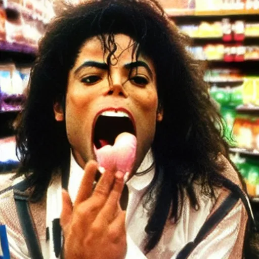 Image similar to micheal jackson giant mouth screaming yelling in supermarket