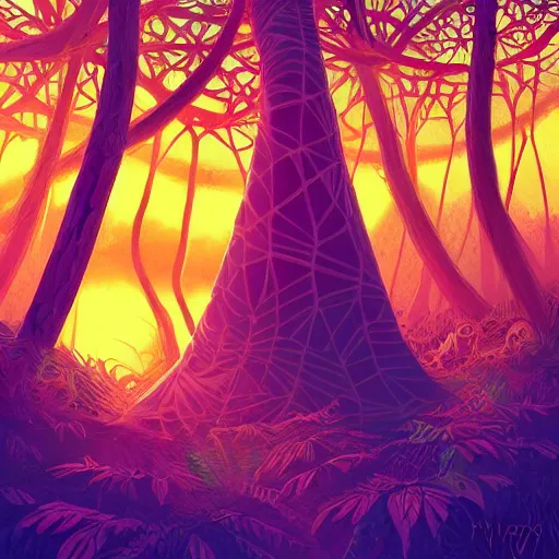 Prompt: Geometric Malagasy fairytale forest, sun in the background, intricate, elegant, highly detailed, digital painting, artstation, concept art, smooth, sharp focus, illustration, art by artgerm