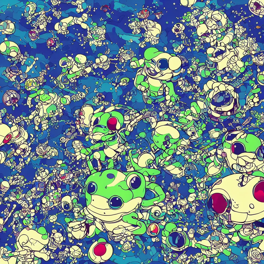 Image similar to toads, frogs, ryuta ueda artwork, breakcore, style of jet set radio, y 2 k, gloom, space, cel - shaded art style, indigo rainbow, data, minimal, takashi murakami artwork, code, cybernetic, dark, eerie, cyber