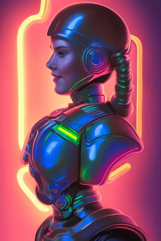 Image similar to portrait of a girl with a biomechanic armor and neon light by Carl Barks, digital painting, highly detailed, trending on artstation