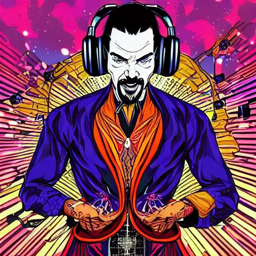 Image similar to artgerm, psychedelic laughing cybertronic dr. strange, rocking out, headphones dj rave, digital artwork, r. crumb, svg vector