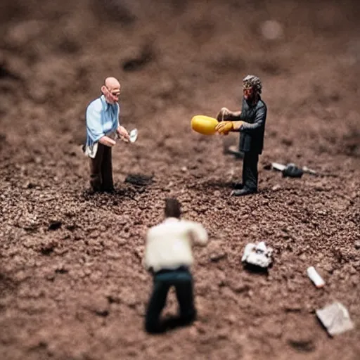 Image similar to “Clay miniature models of Saul Goodman fighting Walter White, in the style of claymation, Play-doh, tilt-shift photography”