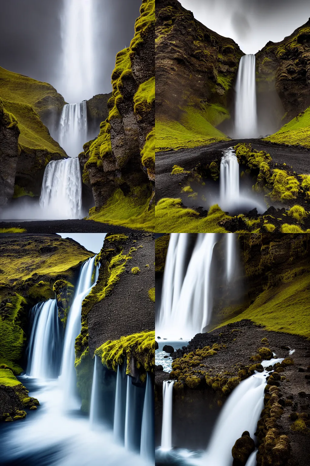 Prompt: long exposure photo of a giant waterfall in Iceland, dark, moody, dramatic, 4k, high quality