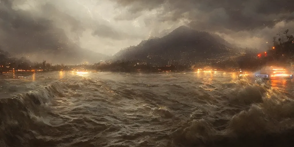 Prompt: los angeles hit by a biblical flood during a storm, dramatic lighting, beautiful, stunning landscape artwork by artgerm, rutkowski, wlop featured on artstation, cgsociety, behance hd