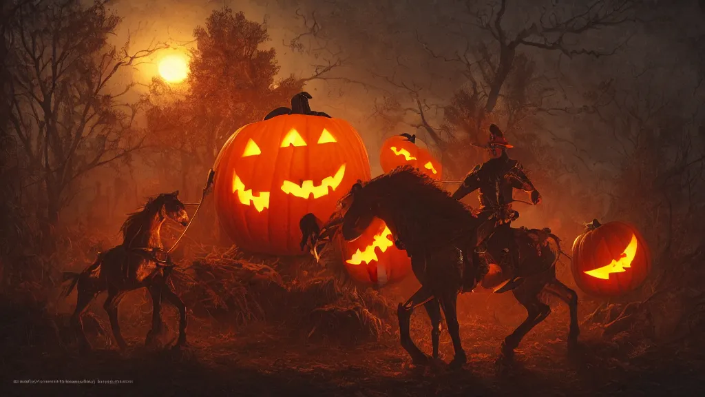 Image similar to a jack - o - lantern headed colonial rider!!!! on lone rampant!!! ( ( black horse ) ) with fiery eyes, background gnarled trees and large supermoon, in the styles of greg rutkowski, keith parkinson, and john quidor, intricate, detailed, volumetric lighting