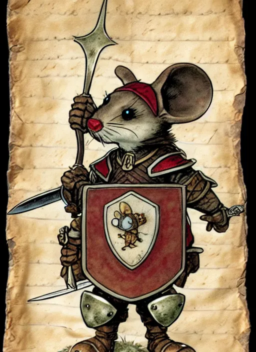 Image similar to a porcelain heroic mouse knight with sword and shield on a parchment background, redwall, greg rutowski and jean baptiste monge, detailed, epic fantasy