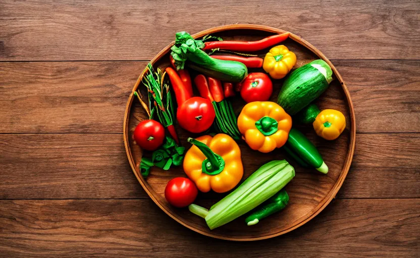 Image similar to top view of vegetables on wooden table, natural light, cinematic lighting, 8 k
