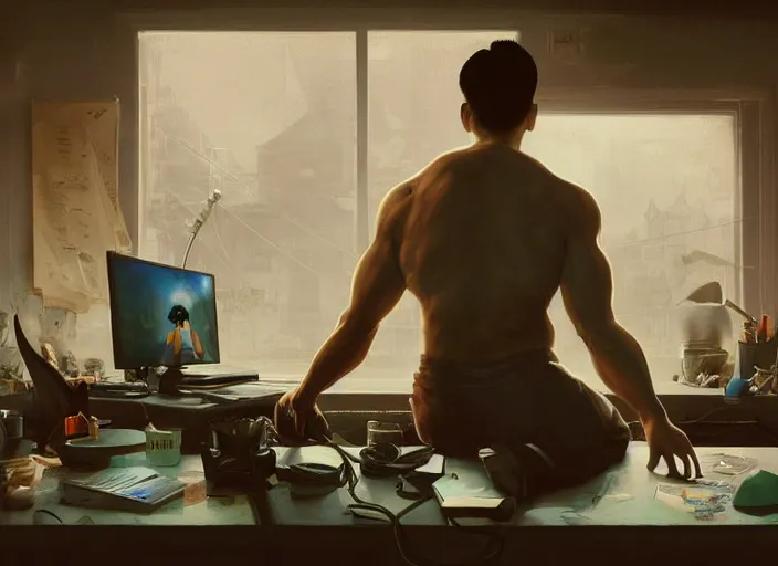 Image similar to an insanely detailed painting of an asian man wearing a homemade superhero costume, sitting at a desk, staring seriously at the computer and typing, in the style of peter mohrbacher, james jean, ruan jia, dramatic lighting and composition, surreal background, octane render, pixar, trending on artstation, concept art, comic book, view from behind, 8 k