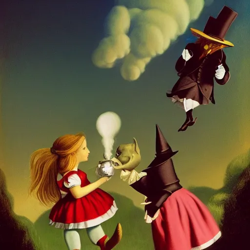 Image similar to Alice in Wonderland and Wizard of Oz by Raphael, Hopper, and Rene Magritte. detailed, romantic, enchanting, trending on artstation.