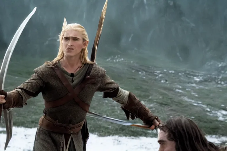 Image similar to film still of Christian Bale as Legolas in The Two Towers movie, 4k