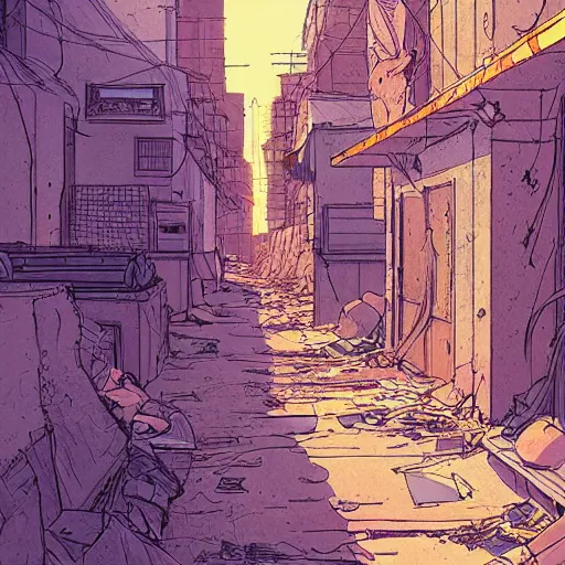 Image similar to an illustration of an abandoned alleyway. slum town on an alien desert world. beautiful lighting. moebius. digital illustration.