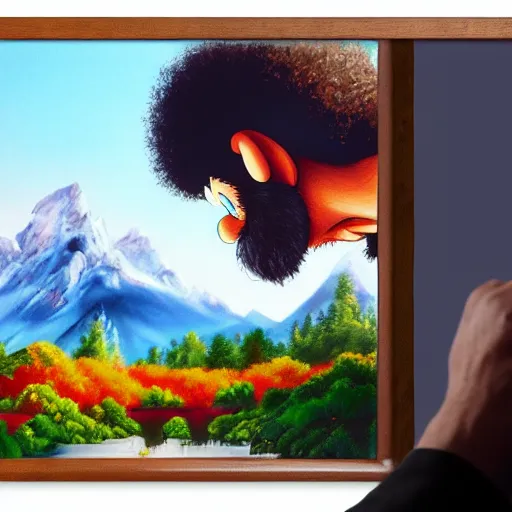 Image similar to a closeup photorealistic photograph of bob ross working on a canvas painting of mickey mouse. film still. brightly lit scene. mountains and trees. this 4 k hd image is trending on artstation, featured on behance, well - rendered, extra crisp, features intricate detail, epic composition and the style of unreal engine.