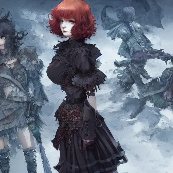 Image similar to christina hendricks!!!!! goth!!!!!, tankoban, 4 k, tone mapping, akihiko yoshida, james jean andrei riabovitchev marc simonetti, yoshitaka amano, long hair, curly, h. hydrochaeri