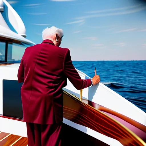 Image similar to wrinkled hunchbacked old man in musty burgundy suit, polishing painting the side of a huge gold plated mega yacht with a cloth, maintenance photo