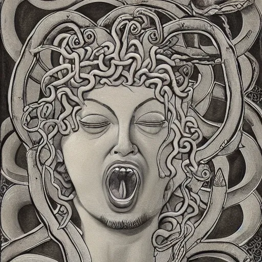 Prompt: detailed, portrait of medusa, screaming, surrounded by lotus flowers and geometry