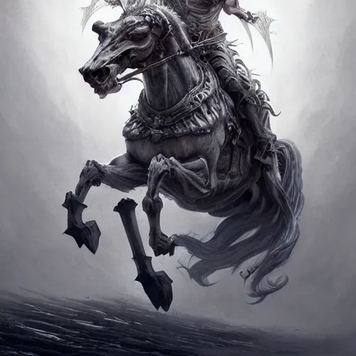 Image similar to concept art by artgerm, death of the four horsemen of the apocalypse, soft grey and blue natural light, intricate, queen of death riding, highly detailed dark art, digital painting, artstation, concept art, smooth, sharp focus, illustration, art by greg rutkowski and luis rollo and uang guangjian and gil elvgren, symmetry!