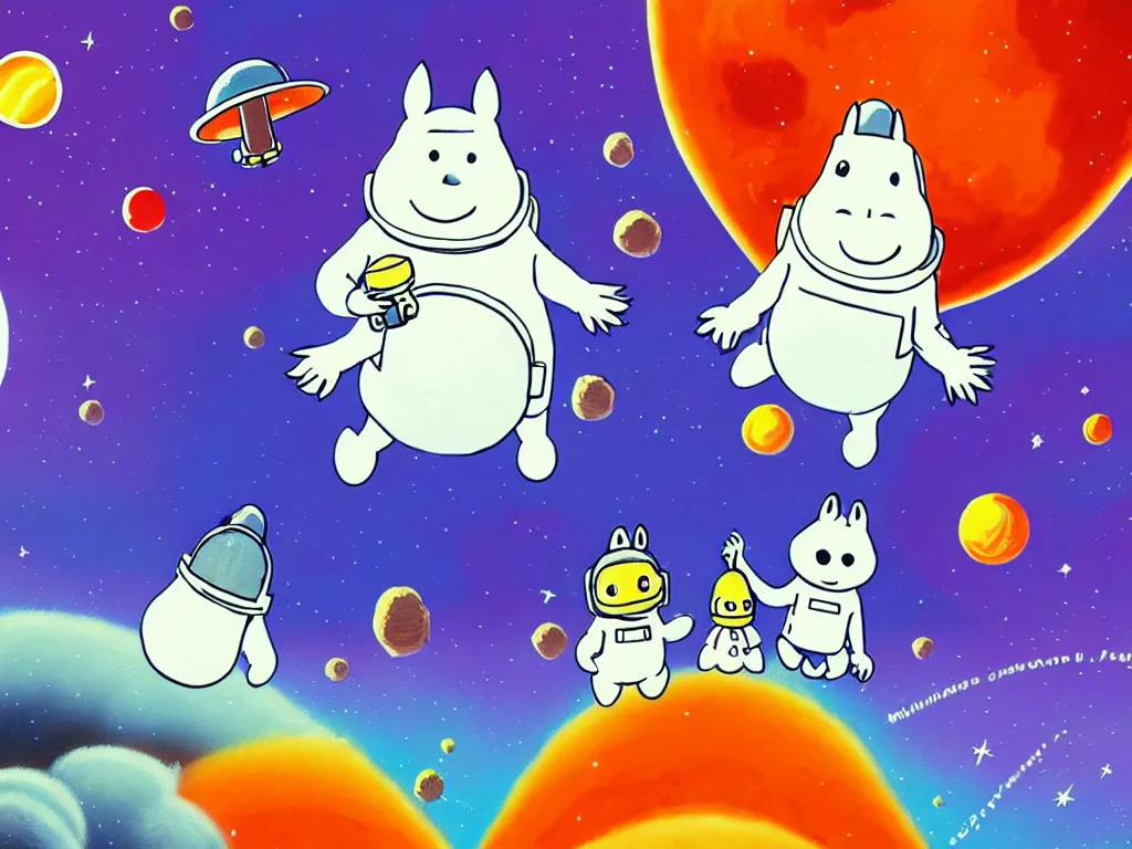 Image similar to moomins in space suits flying around with jetpacks discovering the mushroom planet, looking cute, photorealistic painting, movie still, cgi, warm colors, fluffy, cozy, dreamy, low light
