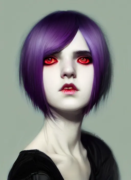 Image similar to hair blackbangs hair, white hair, blackbangs, portrait of teenage girl with white hair, red irises, purple clothes, black bangs, bangs are different color from hair, intricate, elegant, glowing lights, highly detailed, digital painting, artstation, concept art, smooth, sharp focus, illustration, art by wlop, mars ravelo and greg rutkowski