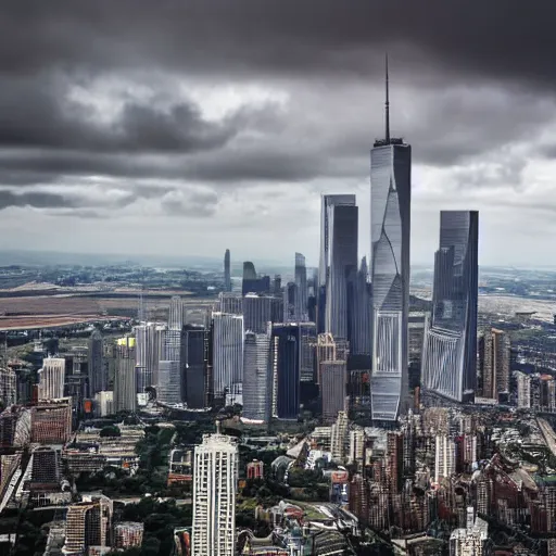 Prompt: marquess brownlee walking skyline between twin towers aerial shot cloudy day