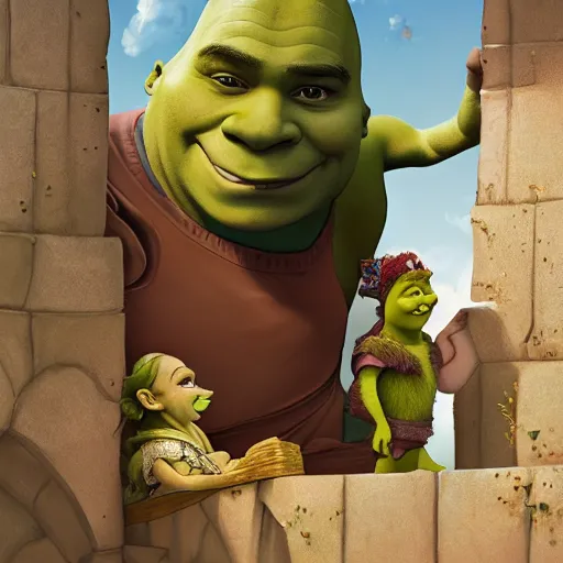 Image similar to shrek wearing jellaba playing hide and seek with the neighbors, highly detailed, digital painting, artstation, concept art, smooth, sharp focus, illustration, art by artgerm and greg rutkowski and alphonse mucha