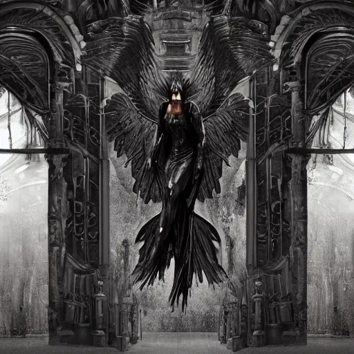 Prompt: hyper realistic photography of an archangel in front of hell's gate. complex architecture, blood drops on the walls. dark background. high details, trending on artstation