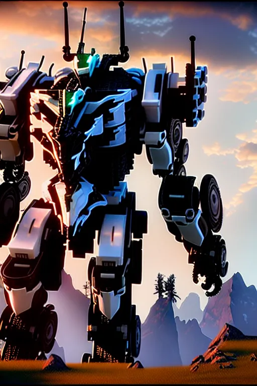 Image similar to a cinematic still from horizon zero dawn and pacific rim and transformers, full body mech, armored core, intact humanoid servo, octane render, nvidia raytracing demo, masterpiece, aged armor plating, decipticon armor plating, aggressive head, endoekeleton exposure