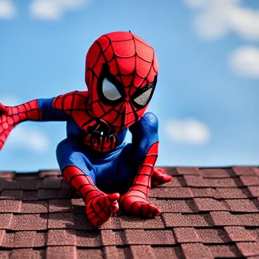Image similar to Baby Spider-Man sitting at the roof,