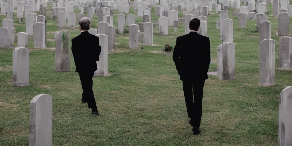 Prompt: Photo of a lone man in a black suit walking in a cemetery