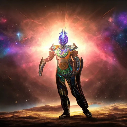 Image similar to photorealistic fantasy cosmic concept art of a cosmic god with armor made out of planets and dark matter, hovering in a unknown galaxy, fully body portrait, cinematic, dynamic lighting, ultra detailed, creative, trending on art station, creative