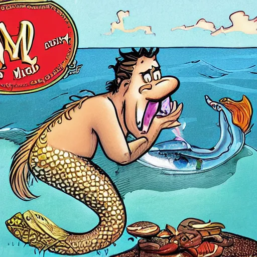 Image similar to cartoon of a man eating a mermaid by don martin, mad magazine, artstation