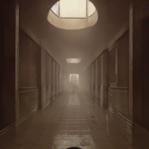 Prompt: hallway of a hospital, horror, creatures, anxiety, by greg rutkowski,