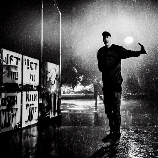 Prompt: photo eminem rapping in the rain, dramatic lighting, high contrast,