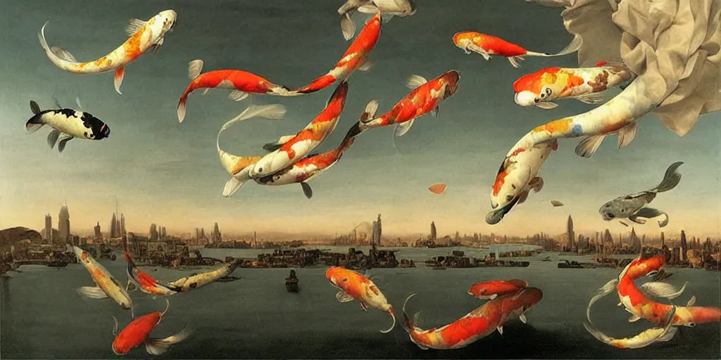 Image similar to beautiful oil matte portrait painting, giant flying koi fishes over manhattan at dusk, wonderful masterpiece highly detailed, beautiful cinematic light deep focus, elegant, digital painting, smooth, sharp focus, golden ratio, dramatic illumination, ultra realistic, 8 k, art by artemisia lomi gentileschi and caravaggio