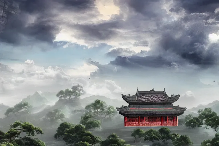 Prompt: Old Chinese architecture in a Chinese valley, dramatic sky, digital art, 4k, 8k, trending on ArtStation