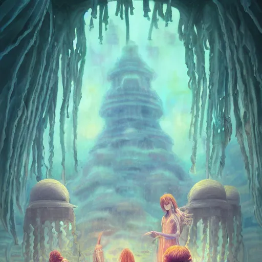 Prompt: A painting of priestesses worshipping at the jellyfish temple, shrouded in mist, jellyfish god, undersea temple, 8K, illustration, art by artgerm and Makoto Shinkai and Hitoshi Ashinano, smoke, cinematic, atmospheric, insanely detailed and intricate, hypermaximalist, elegant, super detailed, award-winning, puce and vermillion, mysterious, ancient, ritual, ethereal, forgotten lore, artstation HQ