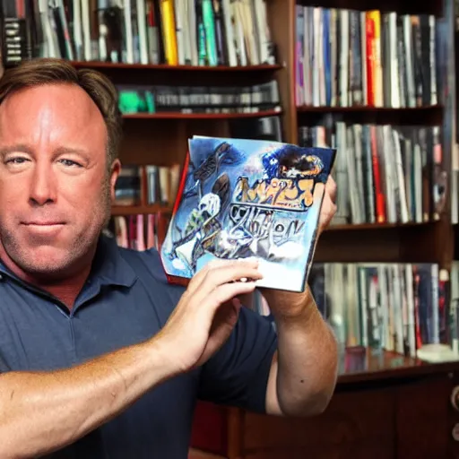 Image similar to alex jones shows off his anime collection.