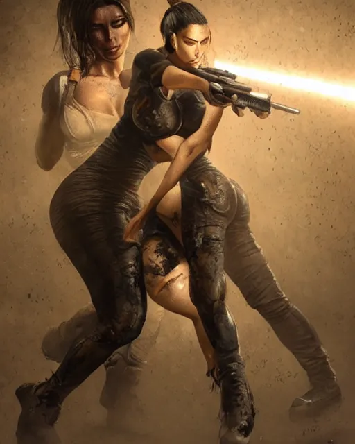 Image similar to A film still of kim kardashian being tackled by zombies in resident evil, highly detailed, digital painting, artstation, concept art, sharp focus, illustration, cinematic lighting, art by artgerm and greg rutkowski and alphonse mucha diffuse lighting, fantasy, intricate, elegant, highly detailed, lifelike, photo, digital painting, artstation, illustration, concept art, smooth, sharp focus, art by John Collier and Albert Aublet and Krenz Cushart and Artem Demura and Alphonse Mucha, full-shot, full pov.