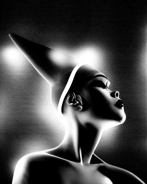 Image similar to black and white high quality photo of a beautiful futuristic dancing female human-queen-insect-cyborg looking into a sci-fi mirror:: volumetric lighting, liminal space, brutalism, foggy, dreamy, hyperdetailed, bokeh, photorealistic, cinematic, masterpiece, Metropolis, elegant, dark, octane render, 8K, by Man Ray in the style of Dora Maar