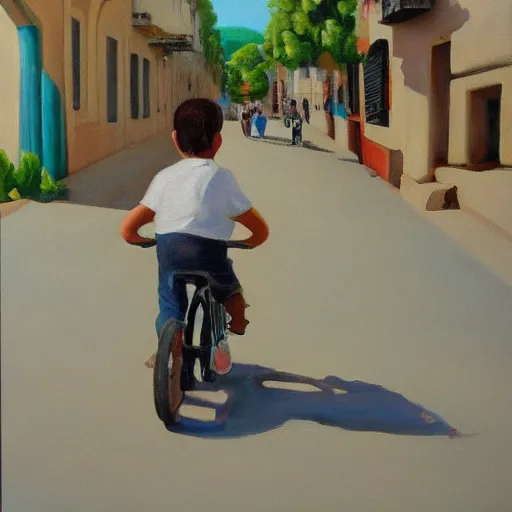 Image similar to a painting of a boy riding a bicycle in spain