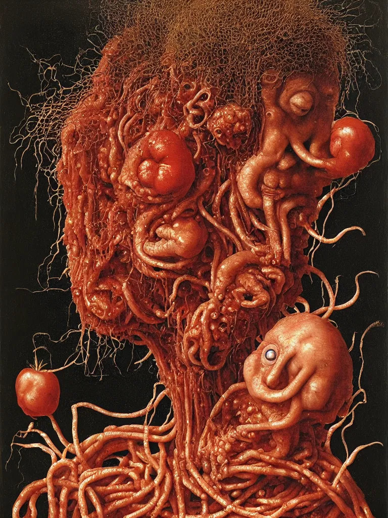 Image similar to a boy like the spaghetti monster, eraserhead and elephant man sitting in a tub full of tomato sauce, looking straight into camera, screaming in desperation, by giuseppe arcimboldo and ambrosius benson, renaissance, fruit, intricate and intense oil paint, a touch of joseph cornell, beksinski and hr giger and edward munch, realistic