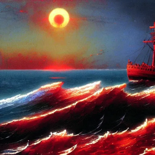 Image similar to bloody ocean, rusted iron ship sinking in red blood ocean, by Ivan Aivazovsky, junji ito, hd 8k