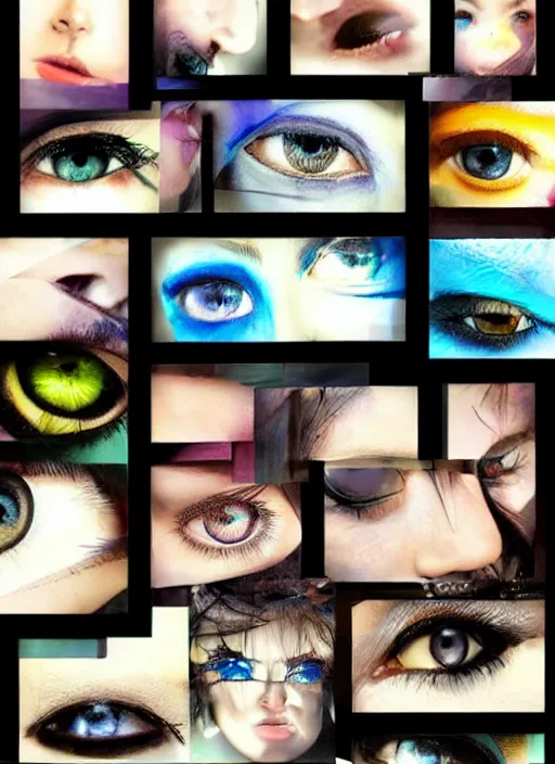 Image similar to grid montage of cube shaped eyes cubes, square shaped black dilated pupils cubes, cube shaped irises, detailed colored textures, lashes, advanced art, art styles mix, wet reflections in square eyes, sunshine light, hd macro photograph, from side, various eyelid positions, square black pupil centered