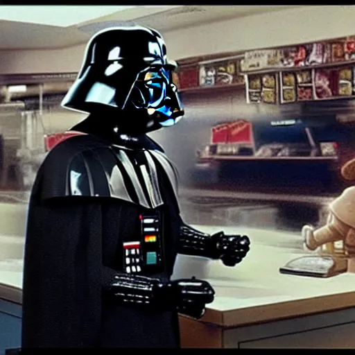 Prompt: Darth Vader having undulating wildly to the Wendy's manager about his custom order being wrong, at Wendy's drive-through, sitting in his TIE FIGHTER.