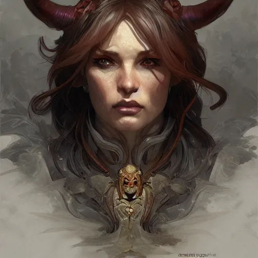 Image similar to portrait of a demon, D&D, fantasy, highly detailed, digital painting, artstation, smooth, sharp focus, illustration, art by artgerm and greg rutkowski and alphonse mucha